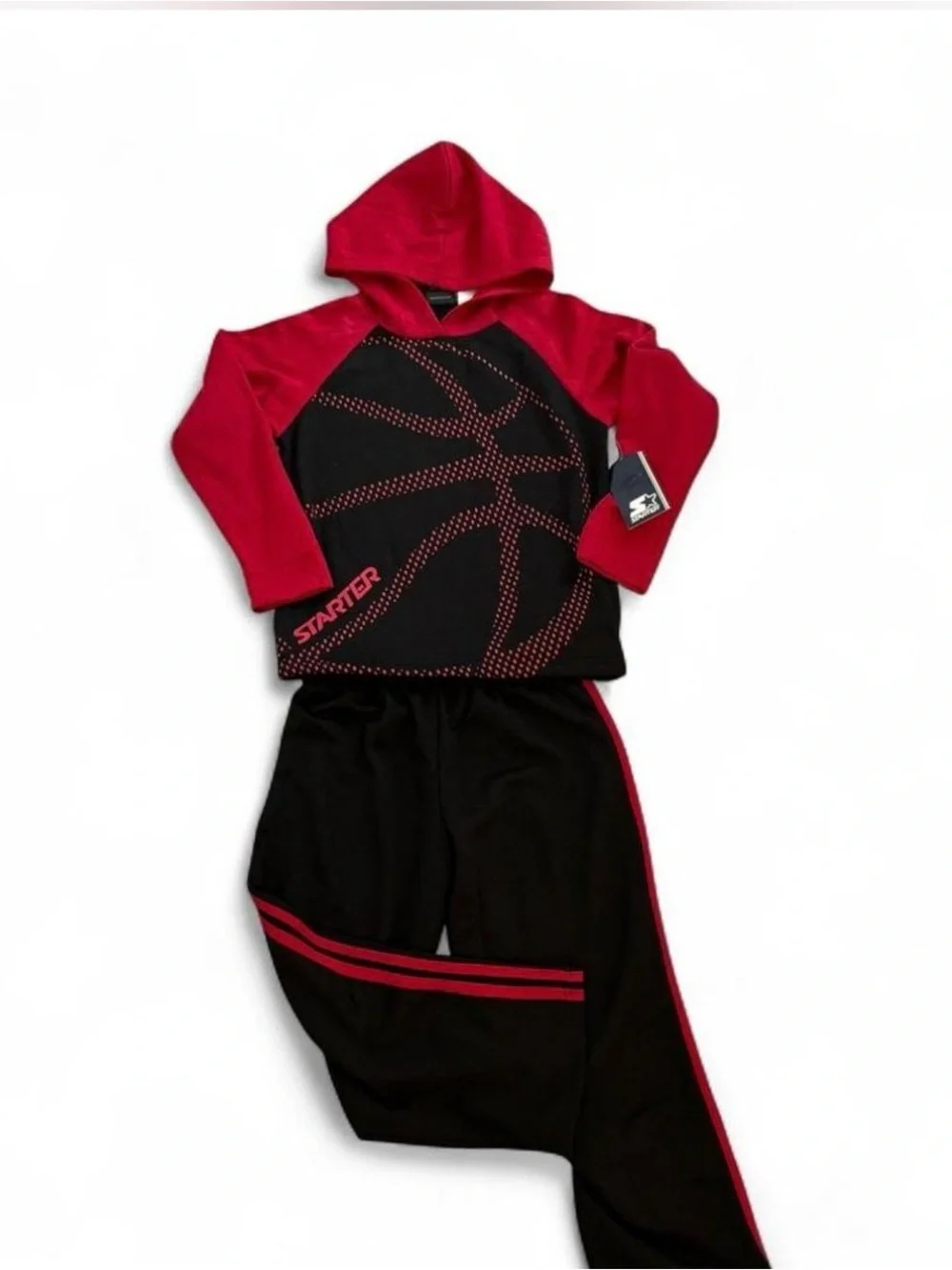 Starter Boys 2Pc Fleece Active Set Hoodie Pants Red Black Size 8 Soft W/Pockets